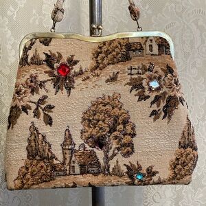 Vintage 50s 60s frame bag, scenic tapestry fabric, rhinestone embellishment